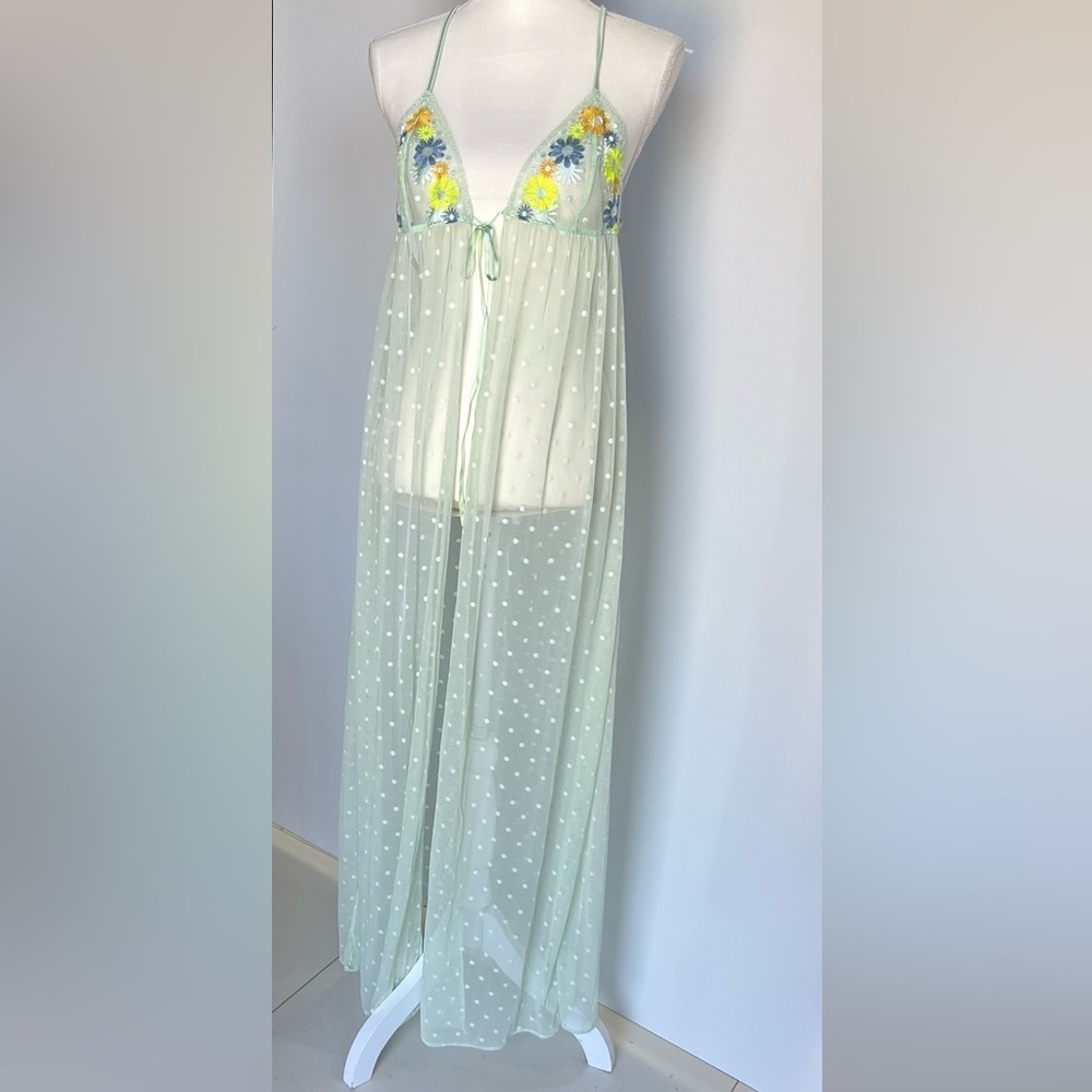 Floral Embroidered Sheer Babydoll Lingerie - Green